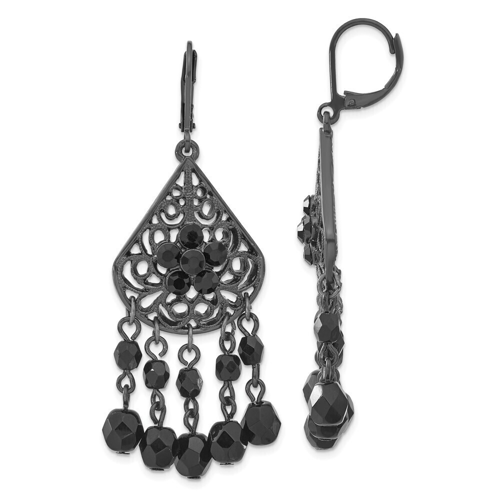Filigree Pear Shaped, Faceted Jet Black Epoxy Stones Dangle Leverback Earrings